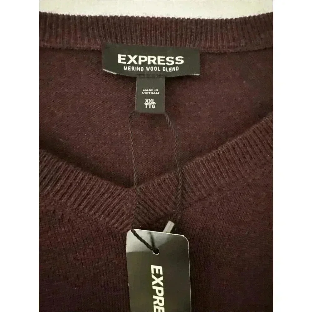 NEW Express Mens Sz XXL Merino Wool Blend V Neck Sweater Maroon Burgundy Classic